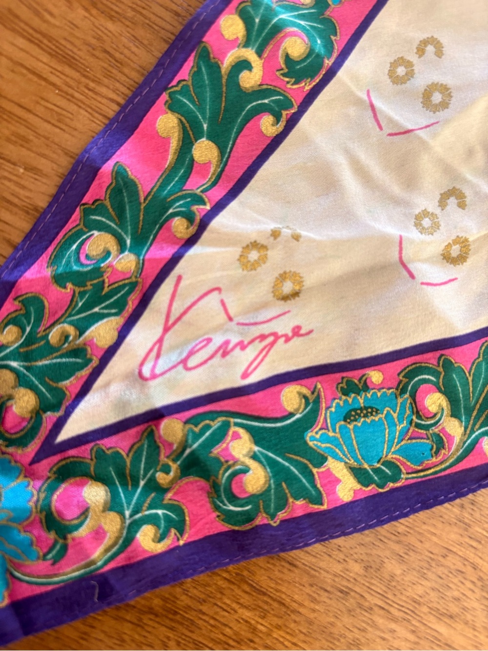 Kenzo Cream Scarf with Pink, Teal and Purple Floral Border